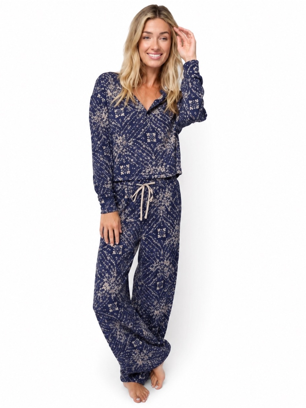 Natural Life Navy Floral Printed Lounge Set with Drawstring Waist